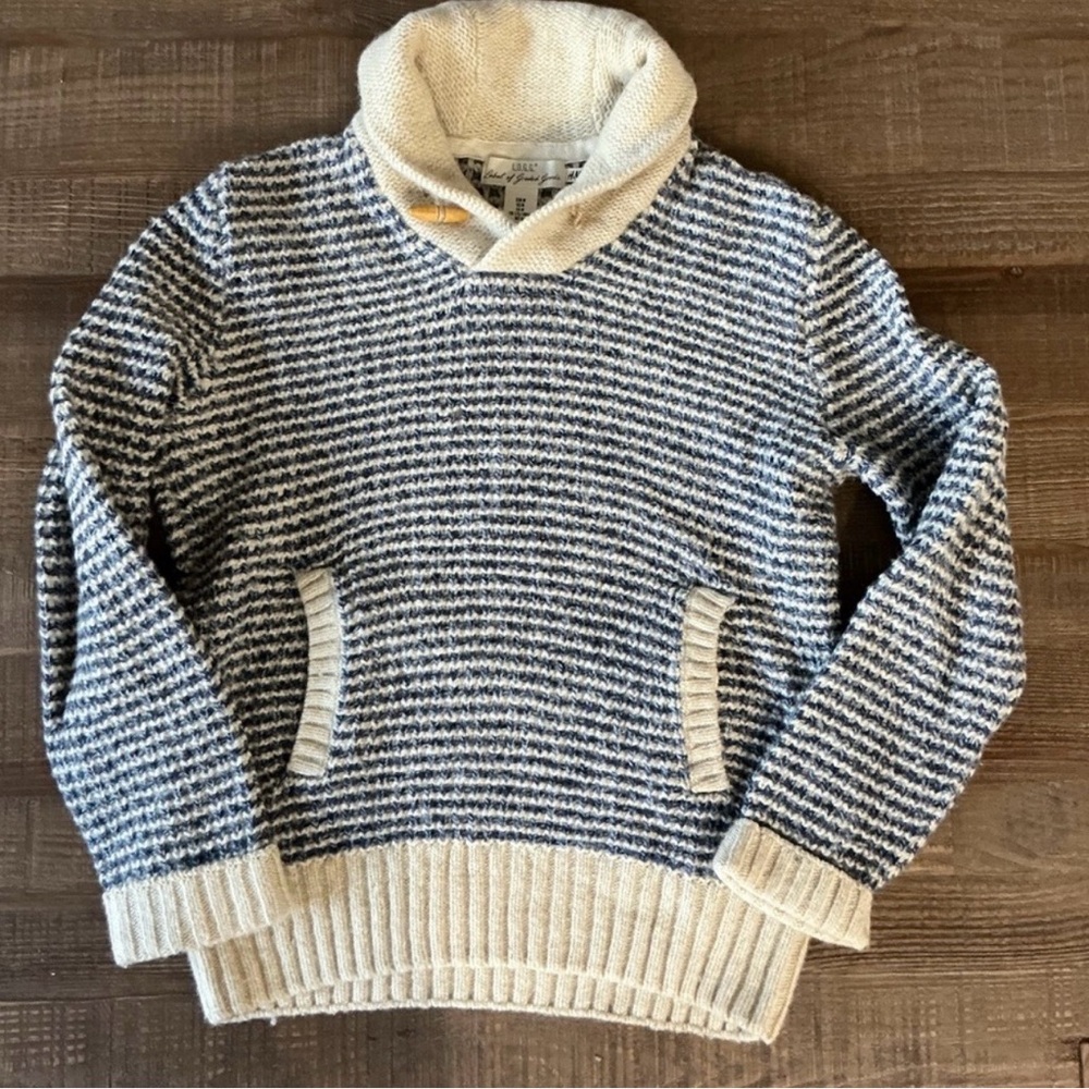 L.O.G.G. Cream and Blue Knit Sweater Wood Closer Detail Front Pocket